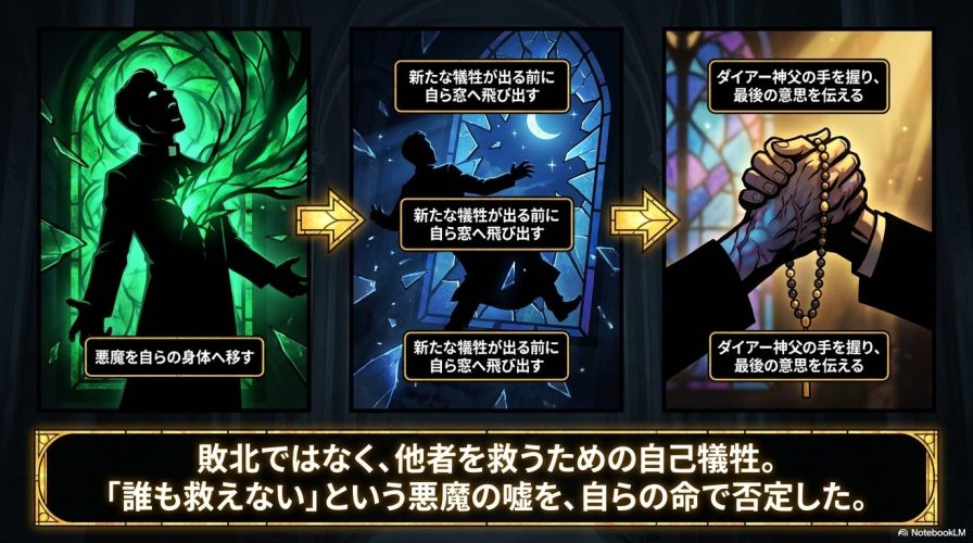 悪魔を自らの身体へ移し、窓から飛び出したカラス神父の行動が、敗北ではなく他者を救うための自己犠牲であることを示すスライド。