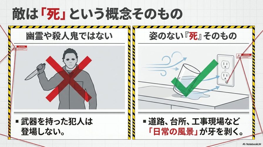 武器を持った犯人や幽霊ではなく、姿のない「死」そのものが日常の風景を利用して襲ってくることを示す図解スライド。