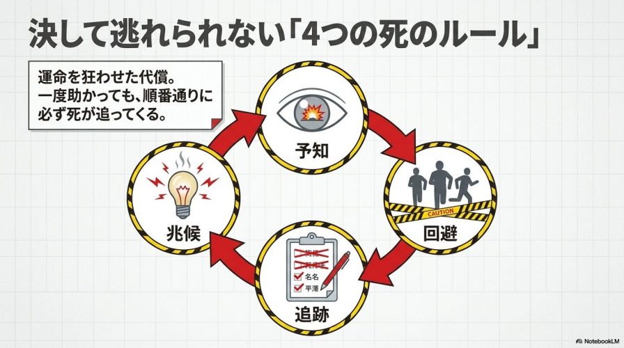 死を回避しても順番通りに追ってくることを「予知、回避、兆候、追跡」の4つのステップで説明する図解。