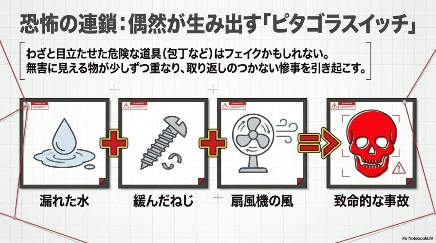 漏れた水、緩んだねじ、扇風機の風といった無害に見える物が重なり合って致命的な事故を引き起こす連鎖を図解したスライド。