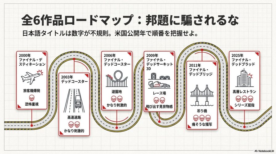 2000年の第1作から2025年の第6作までの全6作品について、米国公開年、大事故の種類、刺激の目安を時系列でまとめたロードマップ。