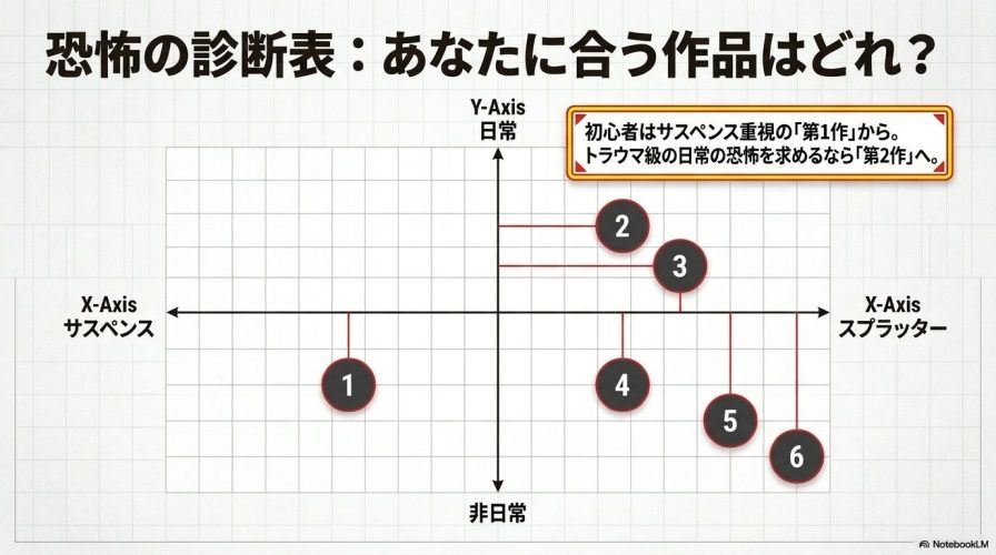 サスペンスかスプラッターか、日常か非日常かの2軸で、全6作品をマッピングして自分に合う作品を探せるグラフ。