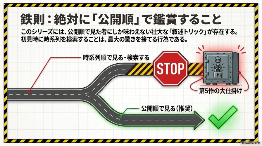 第5作の大仕掛けを楽しむため、初見時に時系列順で見たり検索したりすることを止め、公開順で見ることを推奨するスライド。 