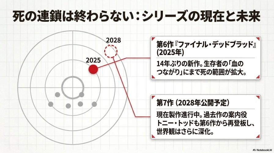 2025年の第6作『ファイナル・デッドブラッド』と、2028年公開予定で製作進行中の第7作のタイムラインを示すスライド。