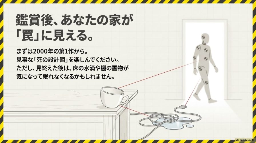 鑑賞後には床の水滴や棚の置物など、日常の家の中が罠に見えてしまうかもしれないと警告する締めくくりのスライド。