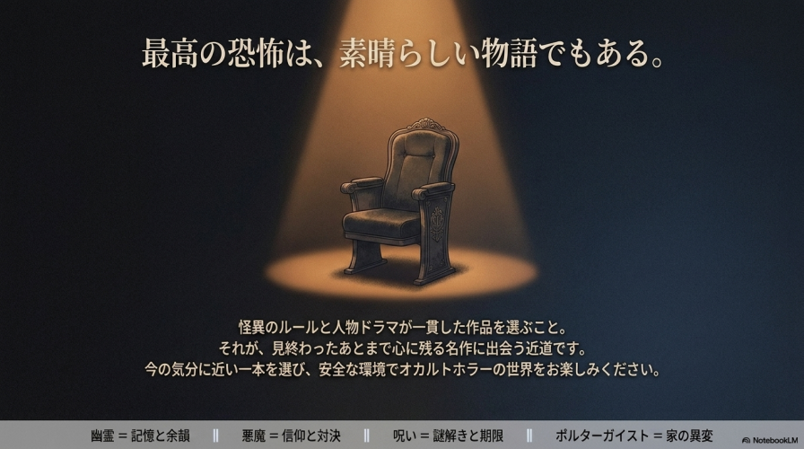 最高の恐怖は素晴らしい物語でもある。幽霊は記憶と余韻、悪魔は信仰と対決、呪いは謎解きと期限、ポルターガイストは家の異変というまとめ