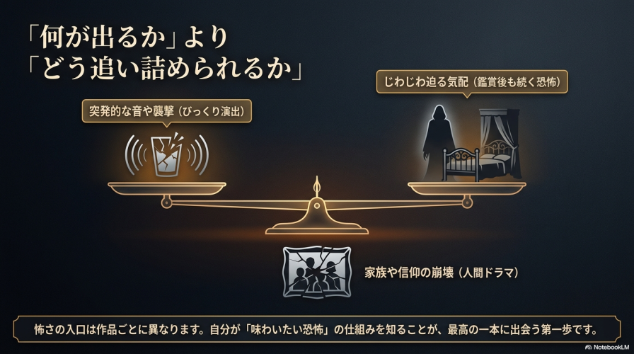 「何が出るか」より「どう追い詰められるか」。突発的な音や襲撃、じわじわ迫る気配、家族や信仰の崩壊を天秤で比較した図