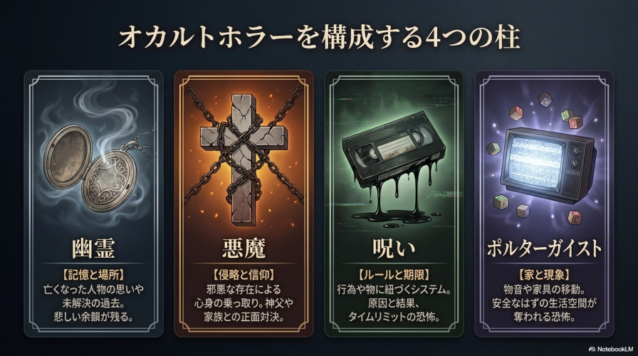 オカルトホラーを構成する4つの柱。幽霊（記憶と場所）、悪魔（侵略と信仰）、呪い（ルールと期限）、ポルターガイスト（家と現象）の特徴