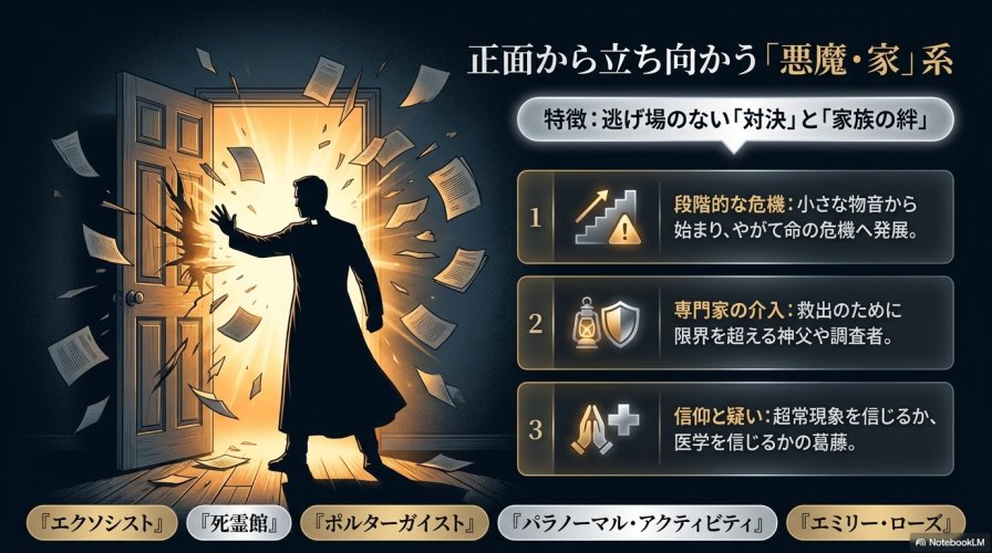 正面から立ち向かう悪魔・家系の特徴。逃げ場のない対決として、段階的な危機、専門家の介入、信仰と疑いを説明した図