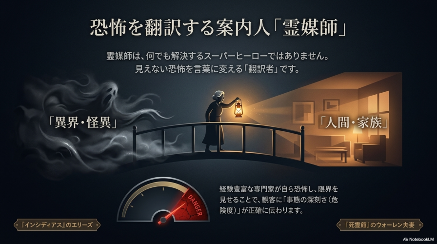 恐怖を翻訳する案内人である霊媒師。異界や怪異を言葉に変え、自ら恐怖することで観客に事態の危険度を伝える役割の解説