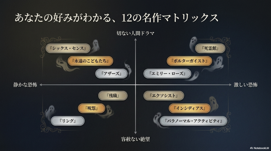 おすすめ12作品を「静かな恐怖」「激しい恐怖」「切ない人間ドラマ」「容赦ない絶望」の軸で分類したマトリックス図