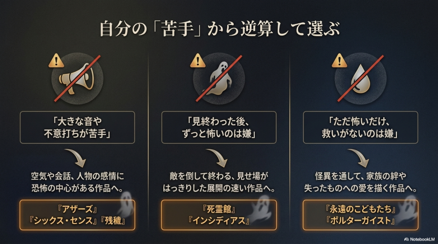 自分の苦手から逆算して選ぶ方法。「大きな音が苦手」「ずっと怖いのは嫌」「救いがないのは嫌」といった好み別の選び方