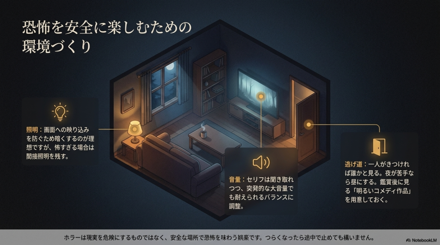 恐怖を安全に楽しむための環境づくり。照明、音量、逃げ道の確保に関するアドバイス