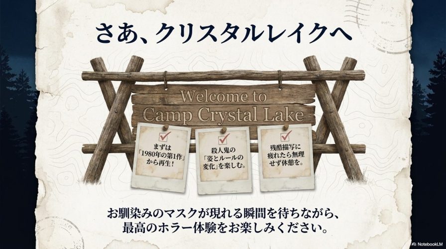 1980年の第1作からの再生を促し、殺人鬼の姿とルールの変化を楽しむよう呼びかけるまとめのスライド