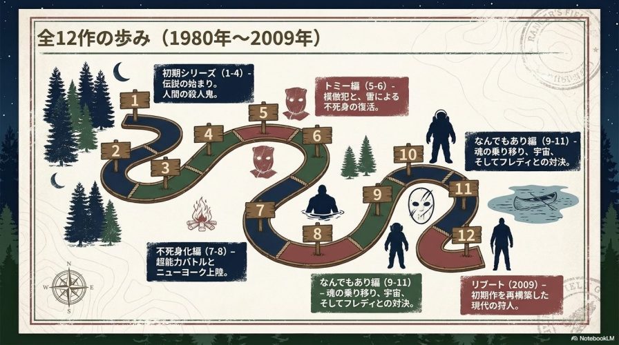 1980年から2009年までの全12作を、初期シリーズ、トミー編、不死身化編、なんでもあり編、リブートの5つに分類したマップ