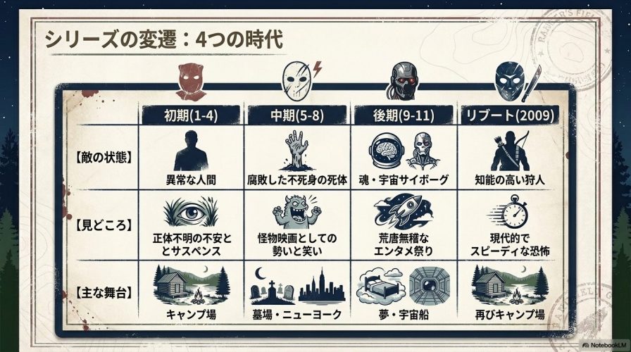 シリーズを初期、中期、後期、リブートの4時代に分け、それぞれの敵の状態、見どころ、主な舞台をまとめた比較表