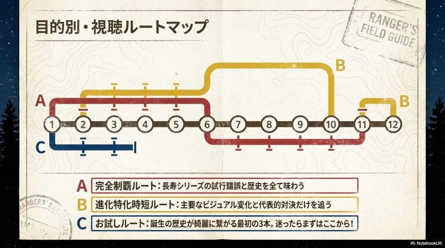 完全制覇ルート、進化特化時短ルート、最初期の3本だけを見るお試しルートの3つの視聴ルートを示すマップ