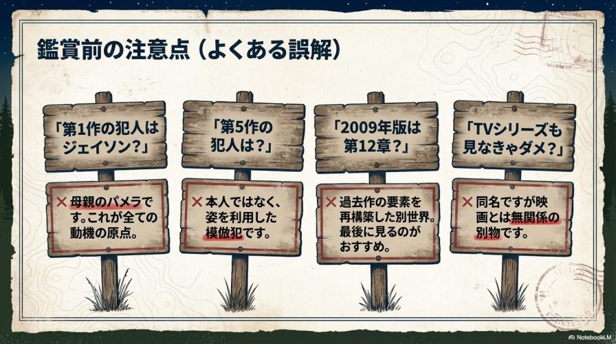 第1作の犯人、第5作の犯人、2009年版の位置づけ、TVシリーズとの違いなど、鑑賞前によくある誤解を解説するスライド