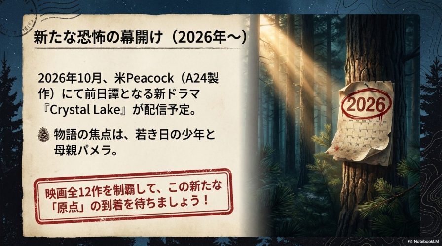 2026年10月に米Peacockで配信予定の前日譚ドラマ「Crystal Lake」についての情報を紹介するスライド