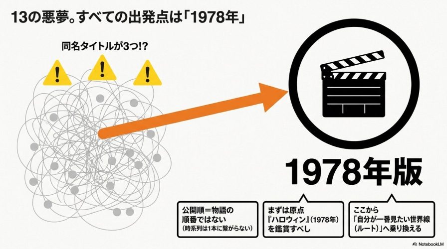 カチンコのイラストと共に、「公開順=物語の順番ではない」「まずは原点『ハロウィン』(1978年)を鑑賞すべし」という鑑賞の基本ルールを説明した図解。