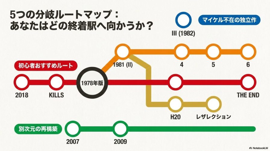 1978年版を起点として、新三部作、旧シリーズ、H20、ロブ・ゾンビ版、独立作(III)の5つの世界線に分岐する様子を表した路線図。