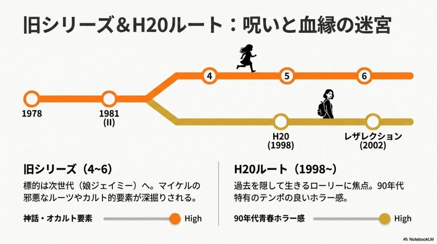 1981年版から分岐する「旧シリーズ(4〜6)」と「H20ルート」の時系列や、それぞれの特徴(神話・オカルト要素、90年代青春ホラー感)をまとめた図解。