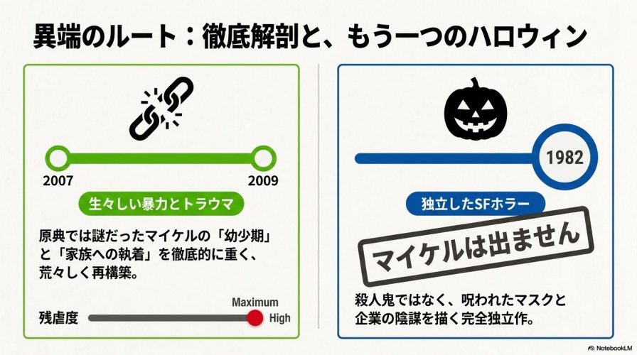 生々しい暴力とトラウマを描き残虐度が最高値のロブ・ゾンビ版2作と、マイケルが出ない独立したSFホラーである第3作の立ち位置を解説した図。