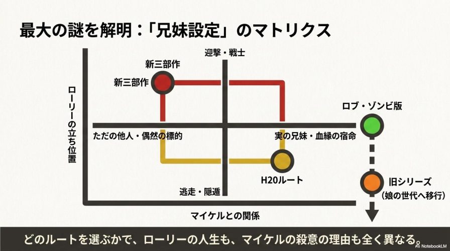 マイケルとの関係が「ただの他人」か「実の兄妹」か、ローリーの立ち位置が「迎撃・戦士」か「逃走・隠遁」かを示す2軸で、各ルートの特色を分類したマトリクス図。