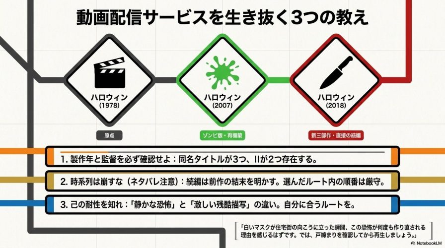「製作年と監督を必ず確認せよ」「時系列は崩すな」「己の耐性を知れ」という、配信サービスで鑑賞する前の3つの注意点と、まとめのメッセージ。