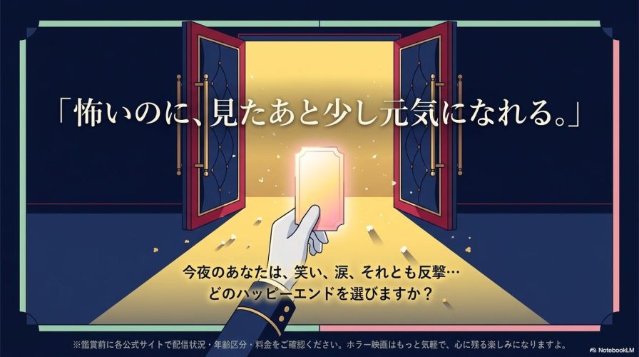 「怖いのに、見たあと少し元気になれる。」というメッセージと、今夜どのハッピーエンドを選ぶかを問いかけるまとめのスライド。