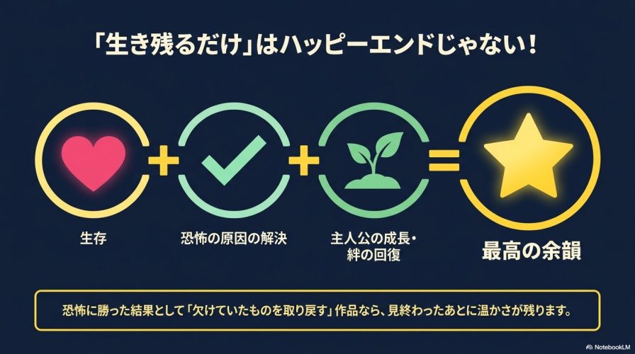 「生存」「恐怖の原因の解決」「主人公の成長・絆の回復」の3つが合わさることで「最高の余韻」になることを示す図解。