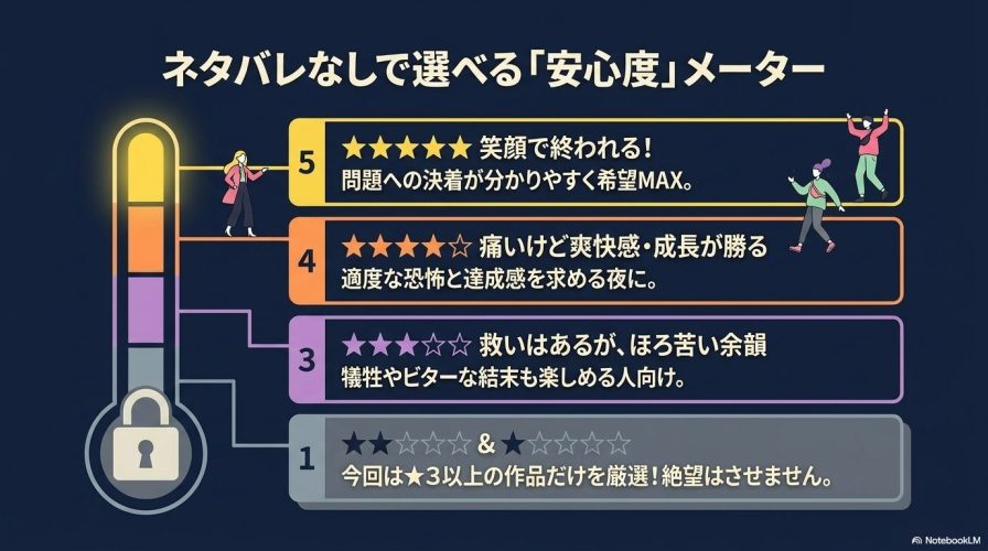 5段階の安心度メーター。星5は笑顔で終われる、星4は爽快感・成長が勝る、星3はほろ苦い余韻であることを示す図解。