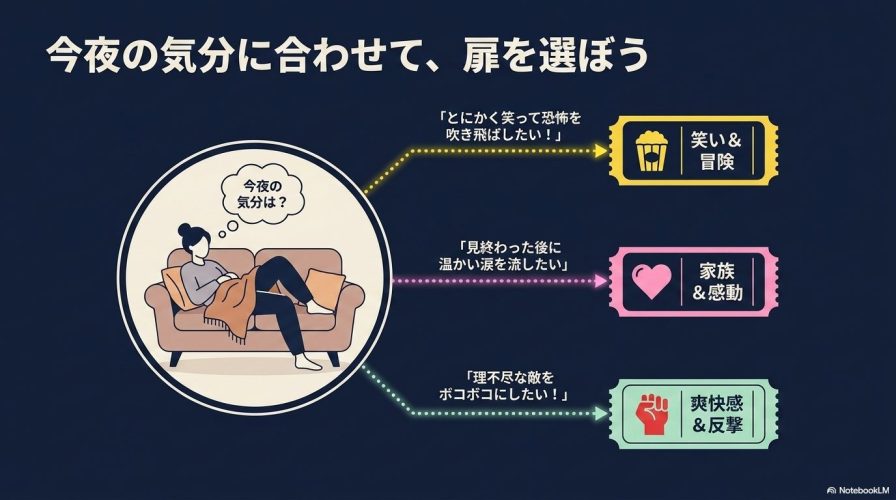 今夜の気分に合わせて「笑い&冒険」「家族&感動」「爽快感&反撃」の3つの扉から選ぶイメージイラスト。
