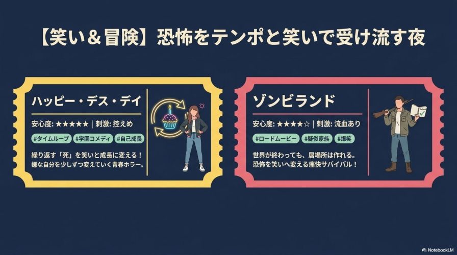 【笑い&冒険】カテゴリのおすすめ作品として、「ハッピー・デス・デイ」と「ゾンビランド」を紹介するスライド。
