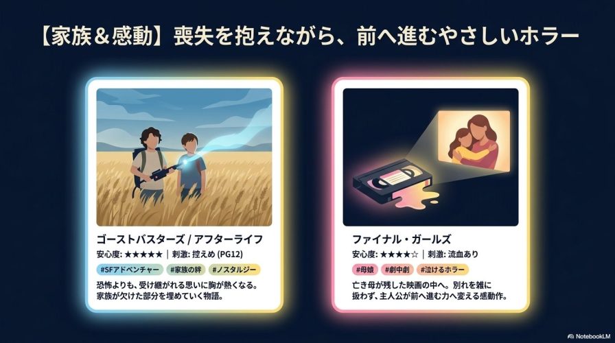 【家族&感動】カテゴリのおすすめ作品として、「ゴーストバスターズ/アフターライフ」と「ファイナル・ガールズ」を紹介するスライド。