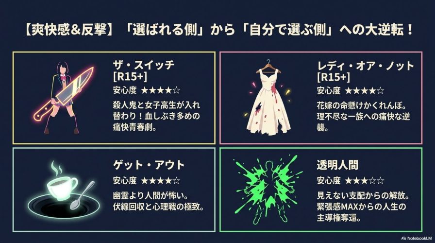 【爽快感&反撃】カテゴリのおすすめ作品として、「ザ・スイッチ」「レディ・オア・ノット」「ゲット・アウト」「透明人間」を紹介するスライド。