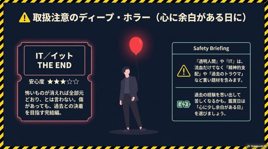 取扱注意のディープ・ホラーとして「IT/イット THE END」を紹介し、重い題材への注意書きが記されたスライド。