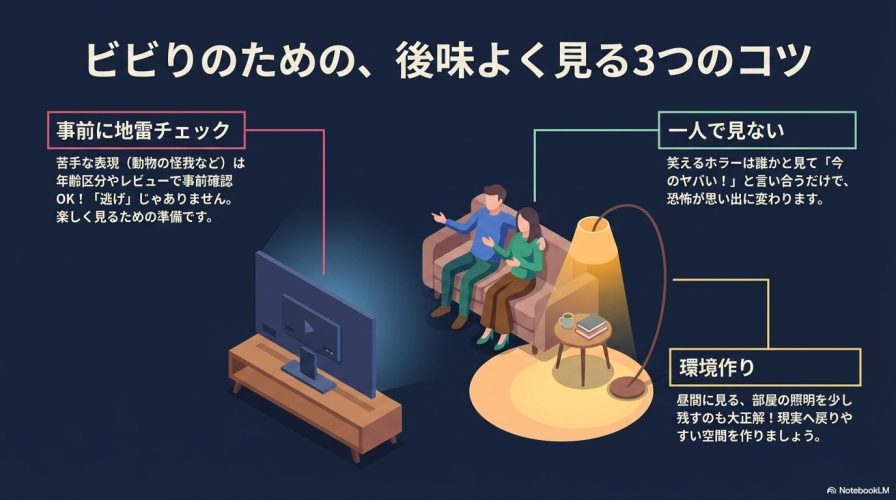 ホラー映画を後味よく見るための3つのコツ(事前に地雷チェック、一人で見ない、環境作り)の解説スライド。
