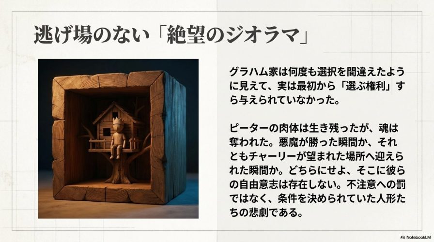 家族の崩壊が不注意への罰ではなく、最初から条件を決められていた絶望のジオラマであることを示すイメージ図。