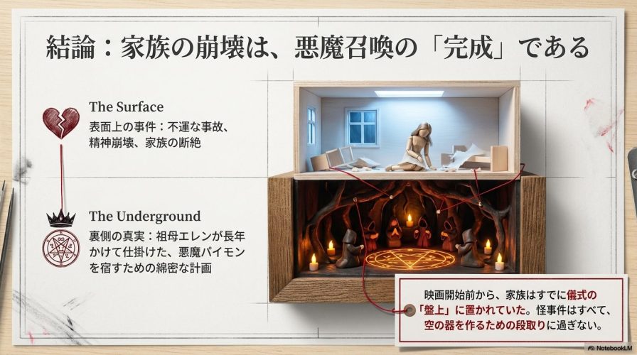 表面上の事件である家族の断絶と、裏側の真実である祖母エレンの悪魔召喚計画を対比させた図解。