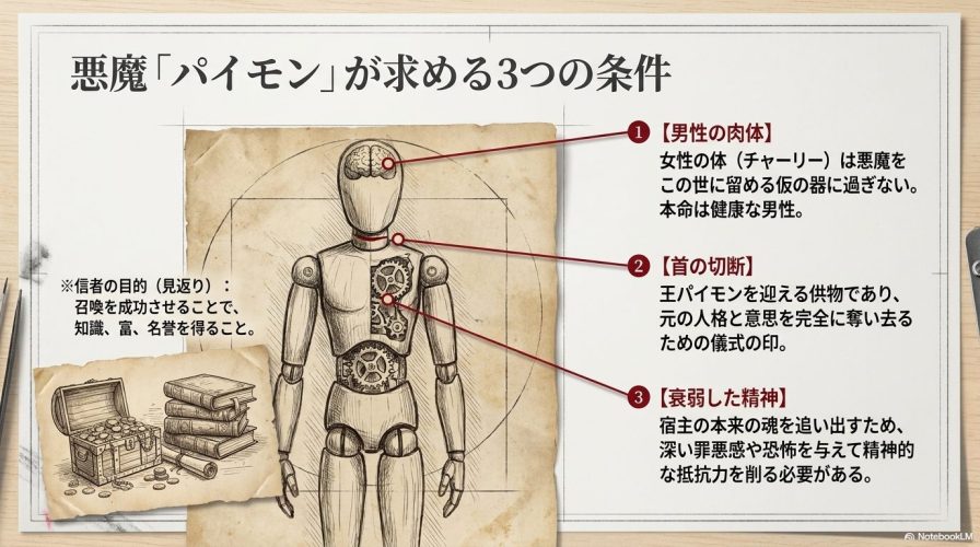 悪魔パイモンが召喚の器として求める条件(男性の肉体、首の切断、衰弱した精神)と、信者が得る見返りについての解説図。