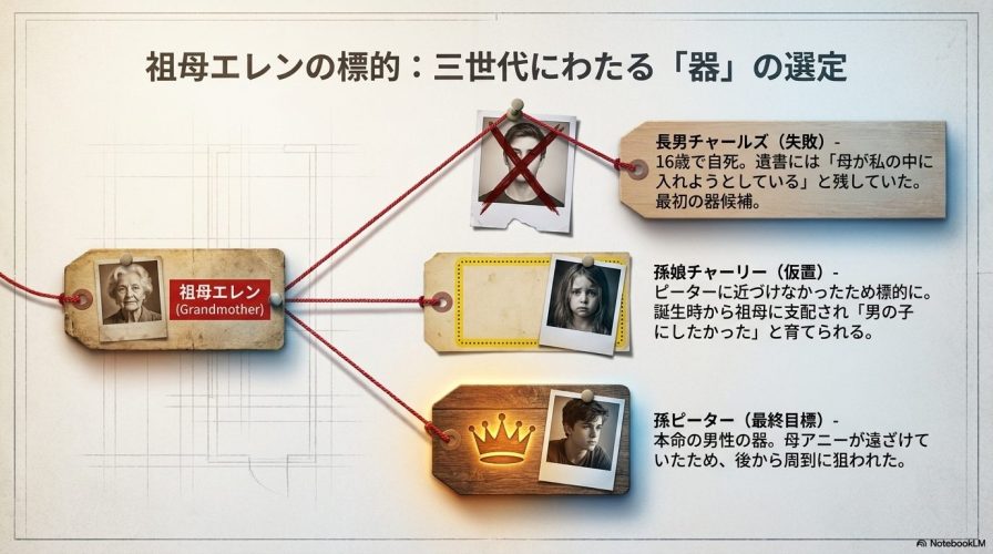 祖母エレンが標的にした長男チャールズ、孫娘チャーリー、孫ピーターという三世代にわたる器の選定プロセス図。