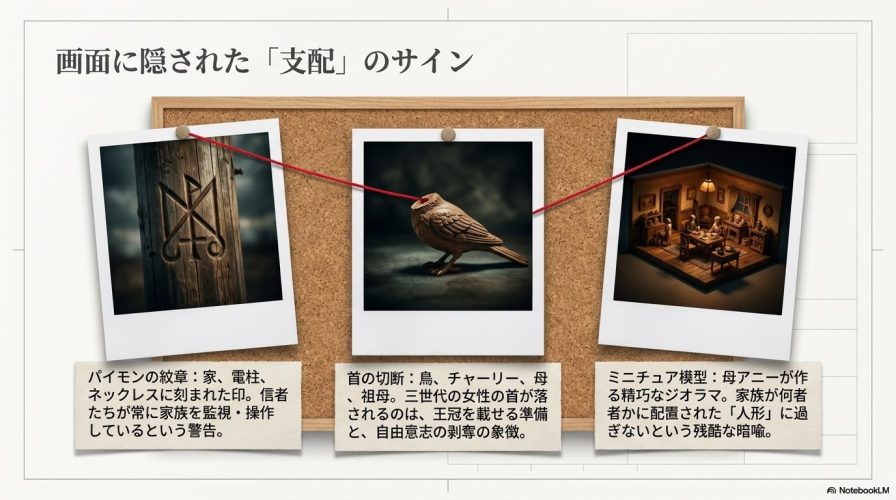 パイモンの紋章、首の切断、ミニチュア模型など、映画内に隠された支配のサインと伏線の解説図。