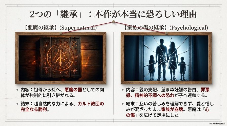超自然的な悪魔の継承と、心理的な家族の傷の継承という、本作における2つの恐ろしい継承の対比図。