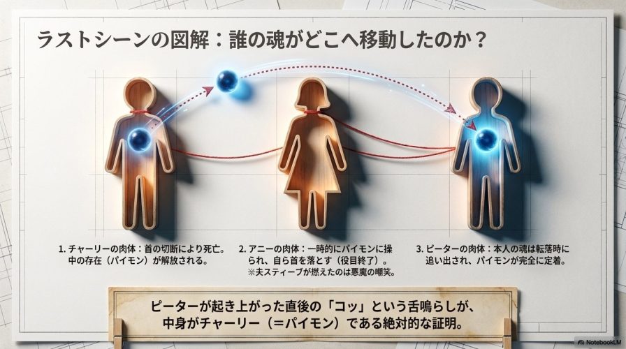 チャーリー、アニー、ピーターの肉体と、パイモンの魂がラストシーンでどのように移動・定着したかを示す図解。