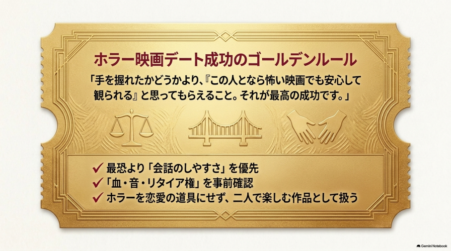 映画デート成功のゴールデンルールと、記事全体の重要なポイントを3つにまとめた箇条書き