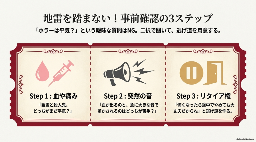 デート前の事前確認3ステップ。1.血や痛み、2.突然の音、3.リタイア権について確認するチェックリスト