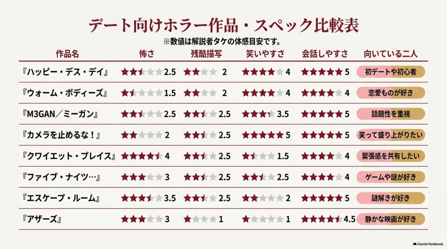 8つのデート向けホラー作品について、怖さ・残酷描写・笑いやすさ・会話しやすさ・向いている二人をまとめたスペック比較表