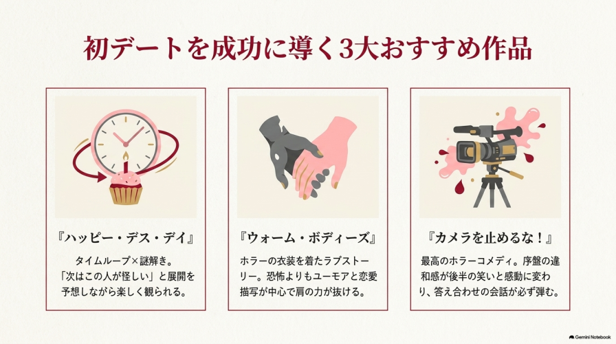 初デートにおすすめの3作品「ハッピー・デス・デイ」「ウォーム・ボディーズ」「カメラを止めるな!」の特徴とおすすめ理由の解説