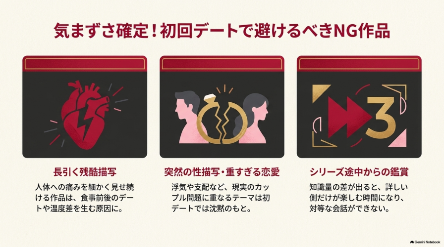 初デートで避けるべきNG作品の3要素「長引く残酷描写」「突然の性描写・重すぎる恋愛」「シリーズ途中からの鑑賞」の解説
